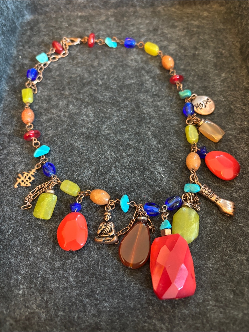 Multicolor Beaded Charm Necklace with Red Accent Stones